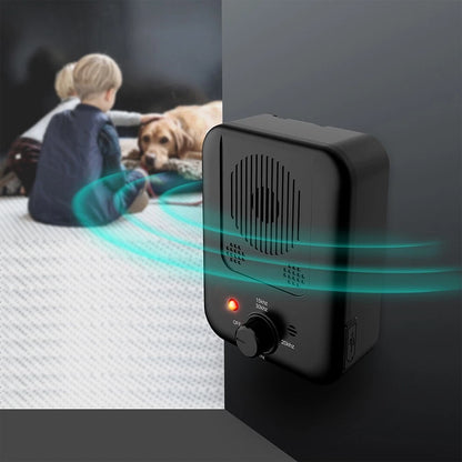 Handheld ultrasonic anti barking device pointed at a barking dog outdoors showing 3-level control button-1
