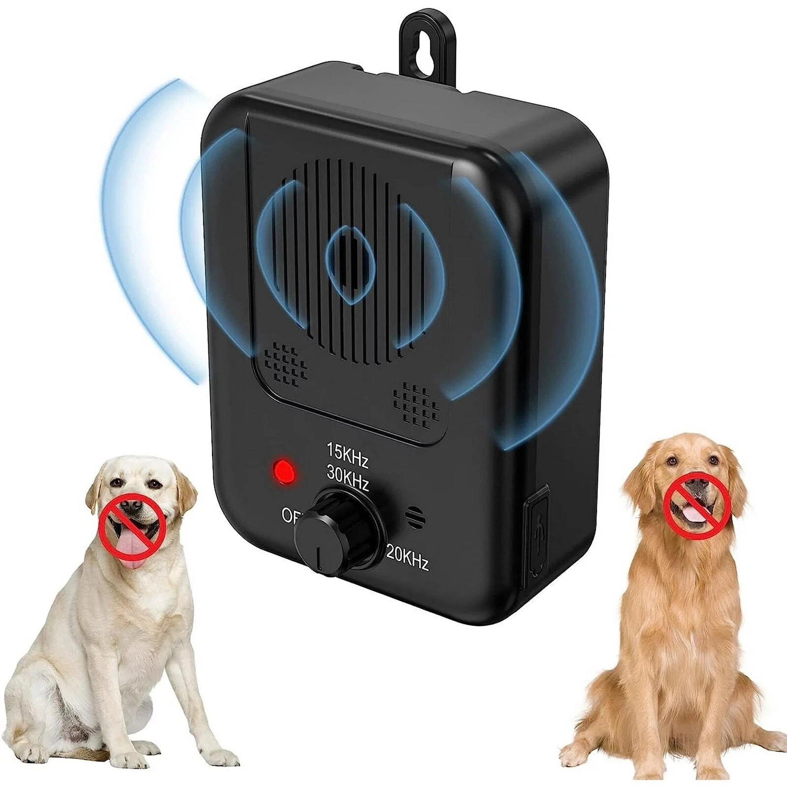 Handheld ultrasonic anti barking device pointed at a barking dog outdoors showing 3-level control button-6