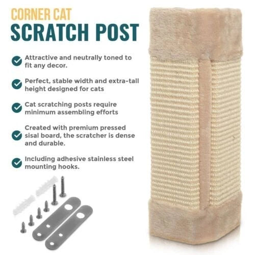 Natural sisal corner cat scratching post mounted on a white wall with a tabby cat scratching it-9
