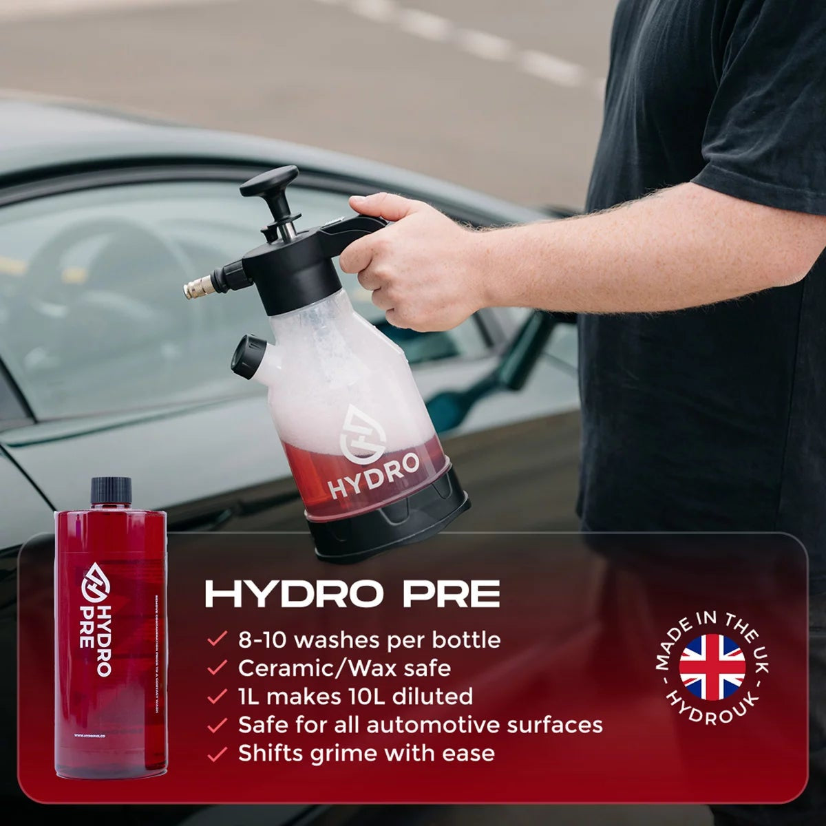 A 6-piece Hydro Pro Foam Kit featuring a black hand-pump spray bottle, three detailing bottles, a plush blue wash mitt, and a gray microfiber drying towel set on a clean driveway.