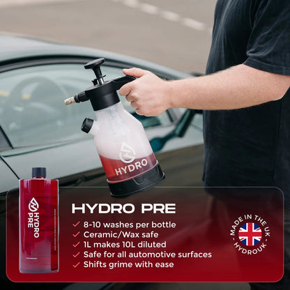 A 6-piece Hydro Pro Foam Kit featuring a black hand-pump spray bottle, three detailing bottles, a plush blue wash mitt, and a gray microfiber drying towel set on a clean driveway.