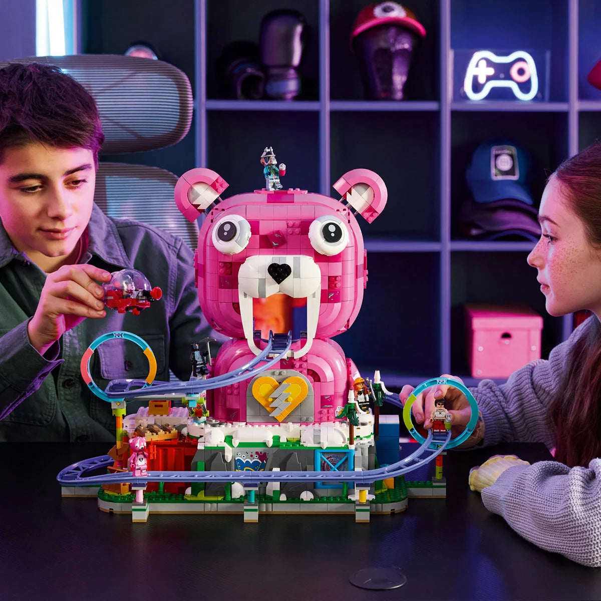 "LEGO Fortnite Rave Cave 77082 building set with rollercoaster and Cuddle Team Leader head"
