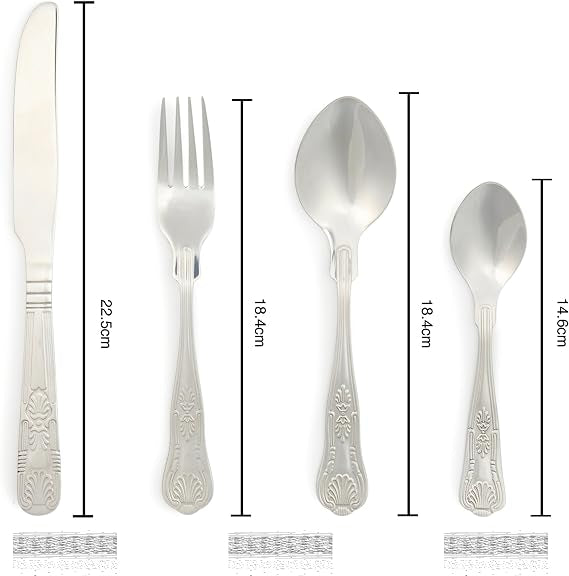 Russell Hobbs Verona 24 piece 18/10 stainless steel silver cutlery set including forks, knives, table spoons, and teaspoons displayed on a dining table.