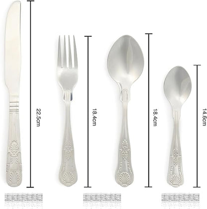 Russell Hobbs Verona 24 piece 18/10 stainless steel silver cutlery set including forks, knives, table spoons, and teaspoons displayed on a dining table.