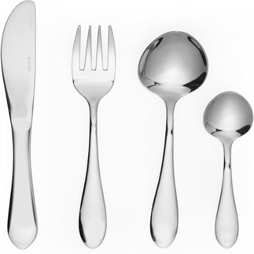 Salter Harrogate 32-piece polished silver stainless steel cutlery set arranged neatly for eight place settings on a wooden dining table.