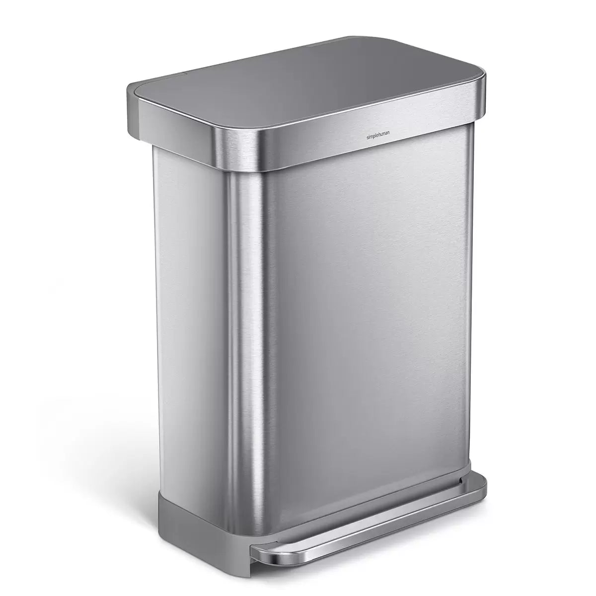 Front angle view of the simplehuman 55L brushed stainless steel step bin with grey plastic lid set against a bright modern kitchen backdrop.
