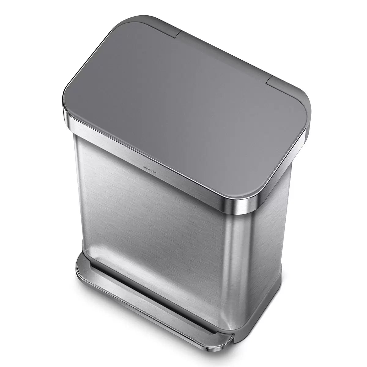 simplehuman 55L rectangular step can in brushed stainless steel with a grey plastic lid for kitchen waste.