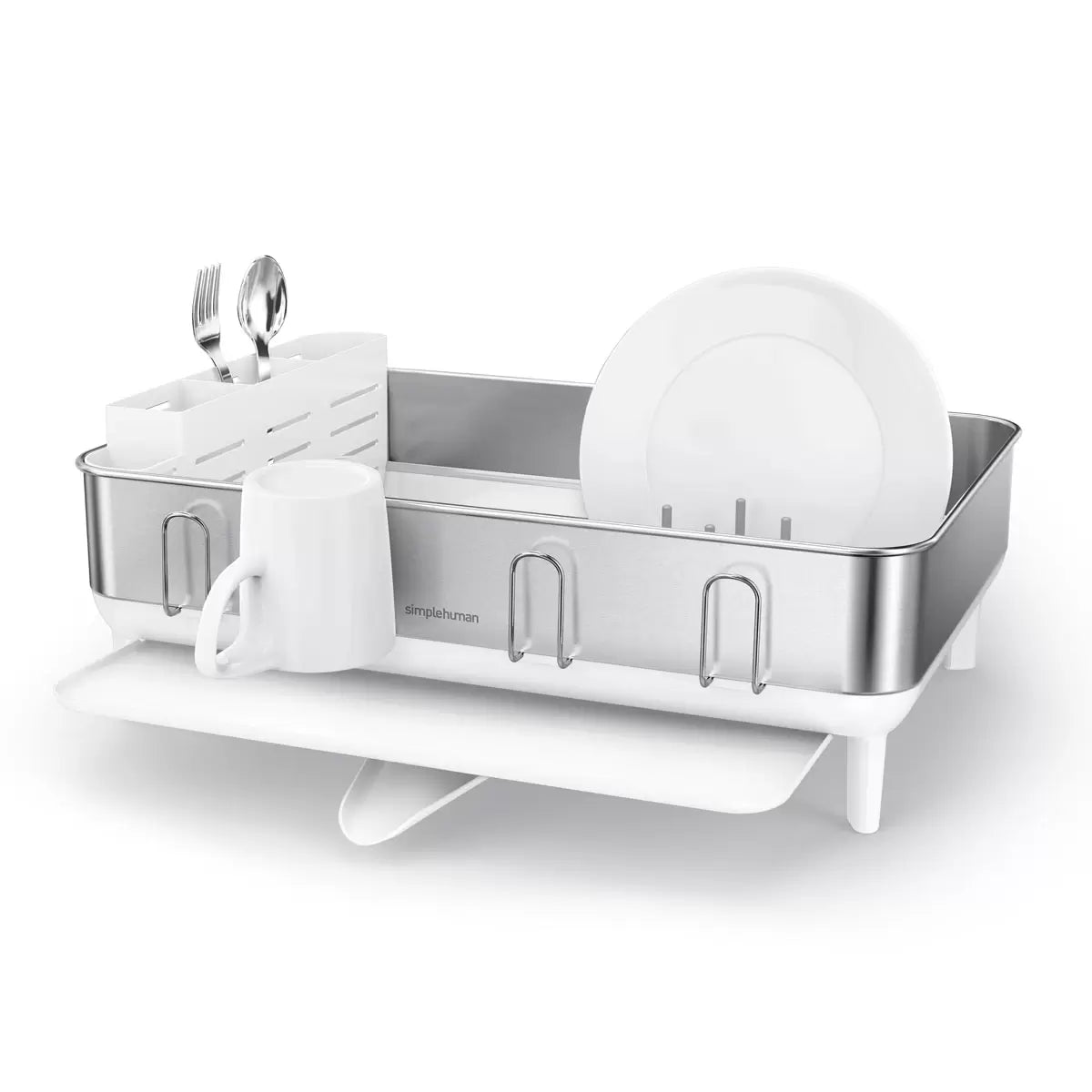 simplehuman stainless steel dish rack with swivel spout drainer on a clean kitchen countertop