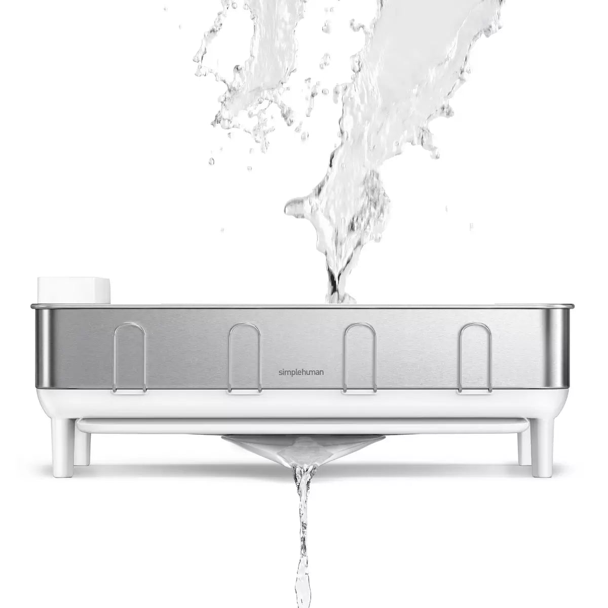 simplehuman stainless steel dish rack with swivel spout drainer on a clean kitchen countertop