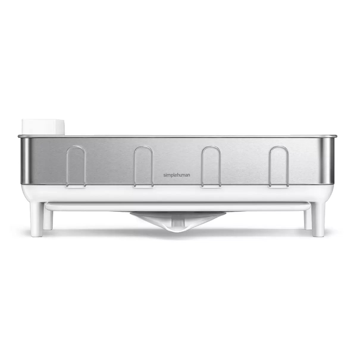 simplehuman stainless steel dish rack with swivel spout drainer on a clean kitchen countertop