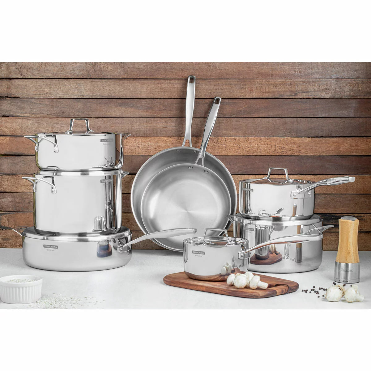 Tramontina Tri-Ply Stainless Steel Cookware Set, 14 Piece | Even Heat Distribution | Home Chefs & Family Cooking