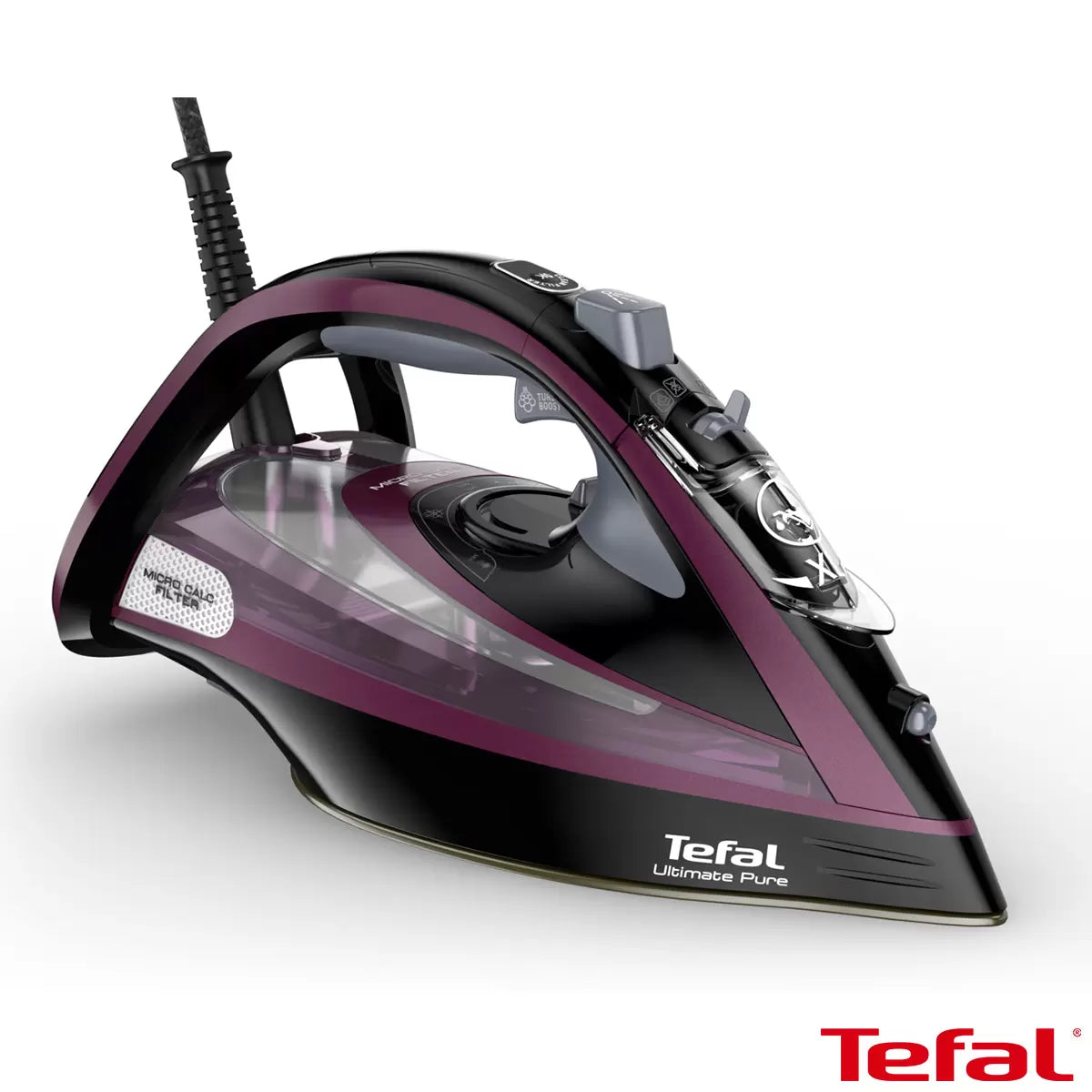 Tefal Ultimate Pure Steam Iron FV9830G1 with Pure Steam Technology and powerful anti-scale steam performance for wrinkle-free clothing.