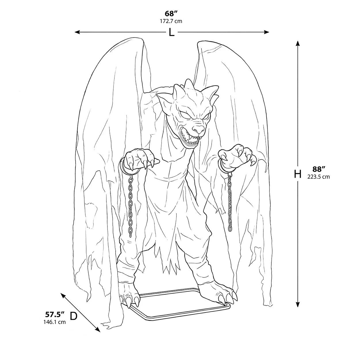 Front view of a 7.5ft animated stone-textured Halloween gargoyle with glowing red LED eyes and spread wings outdoors at night.