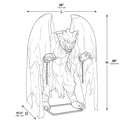 Front view of a 7.5ft animated stone-textured Halloween gargoyle with glowing red LED eyes and spread wings outdoors at night.