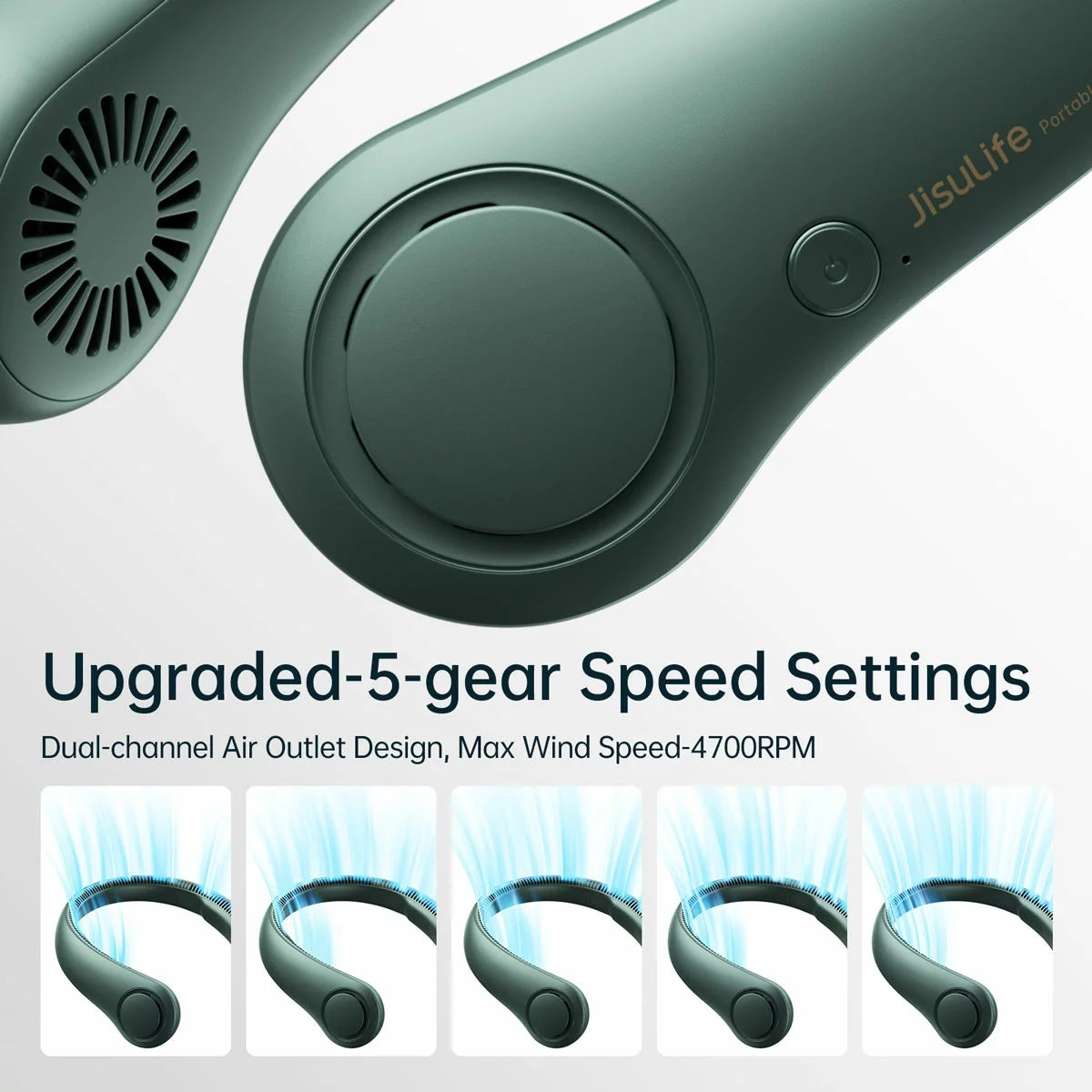 Blue JisuLife Portable Neck Fan 3 resting on a plain white surface, showcasing the flexible band, bladeless side vents, and digital control button.