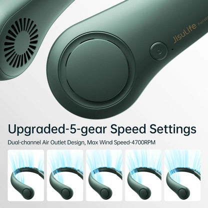 Blue JisuLife Portable Neck Fan 3 resting on a plain white surface, showcasing the flexible band, bladeless side vents, and digital control button.