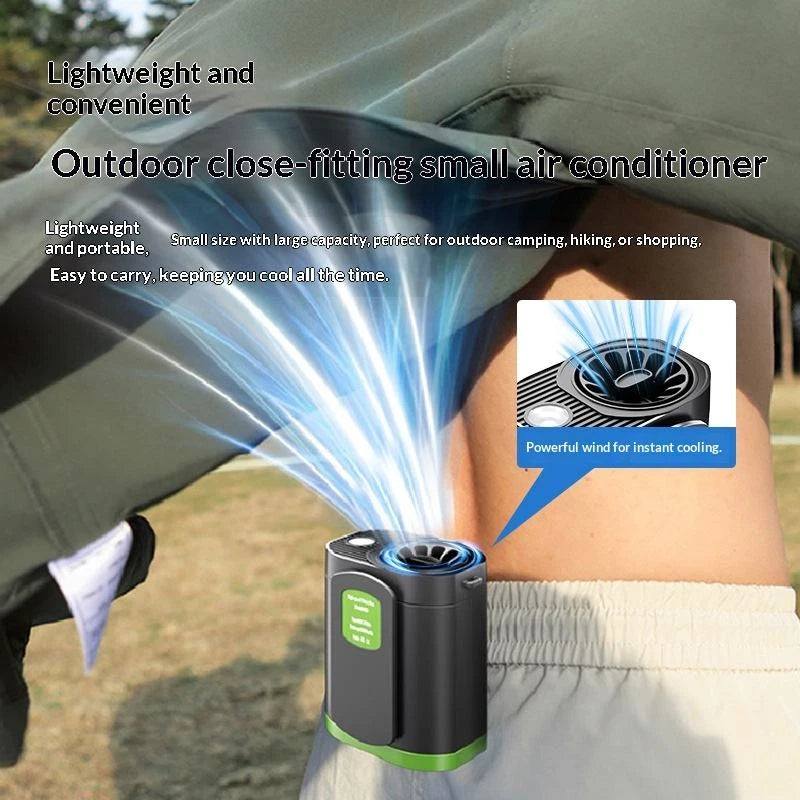Portable waist clip fan in use, clipped to belt, USB rechargeable wearable cooling fan

