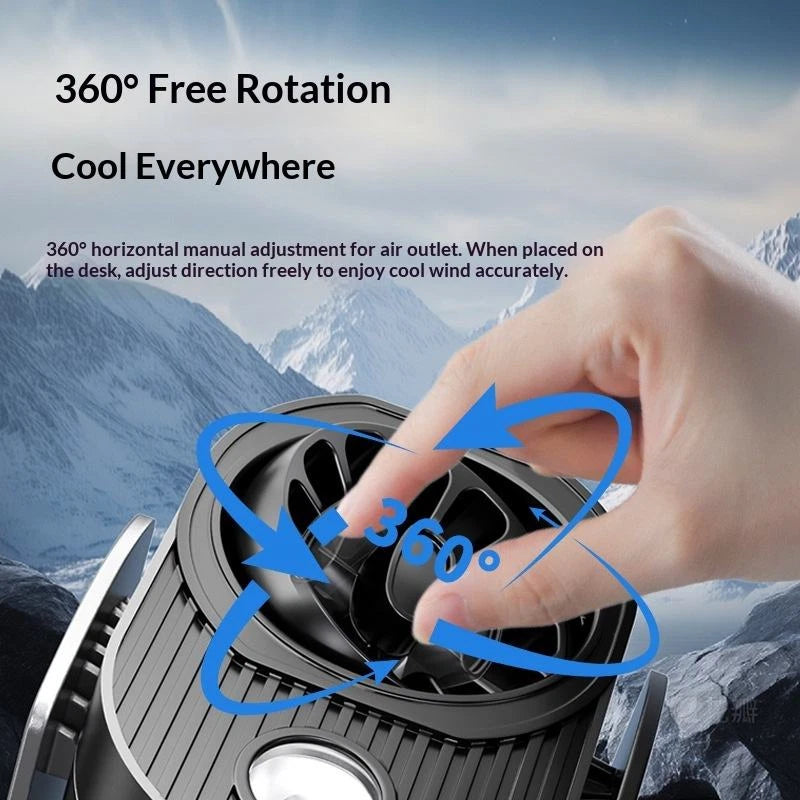 Portable waist clip fan in use, clipped to belt, USB rechargeable wearable cooling fan
