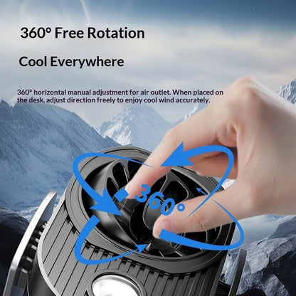 Portable waist clip fan in use, clipped to belt, USB rechargeable wearable cooling fan
