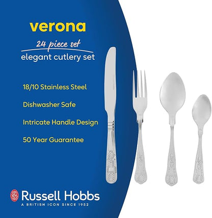 Russell Hobbs Verona 24 piece 18/10 stainless steel silver cutlery set including forks, knives, table spoons, and teaspoons displayed on a dining table.