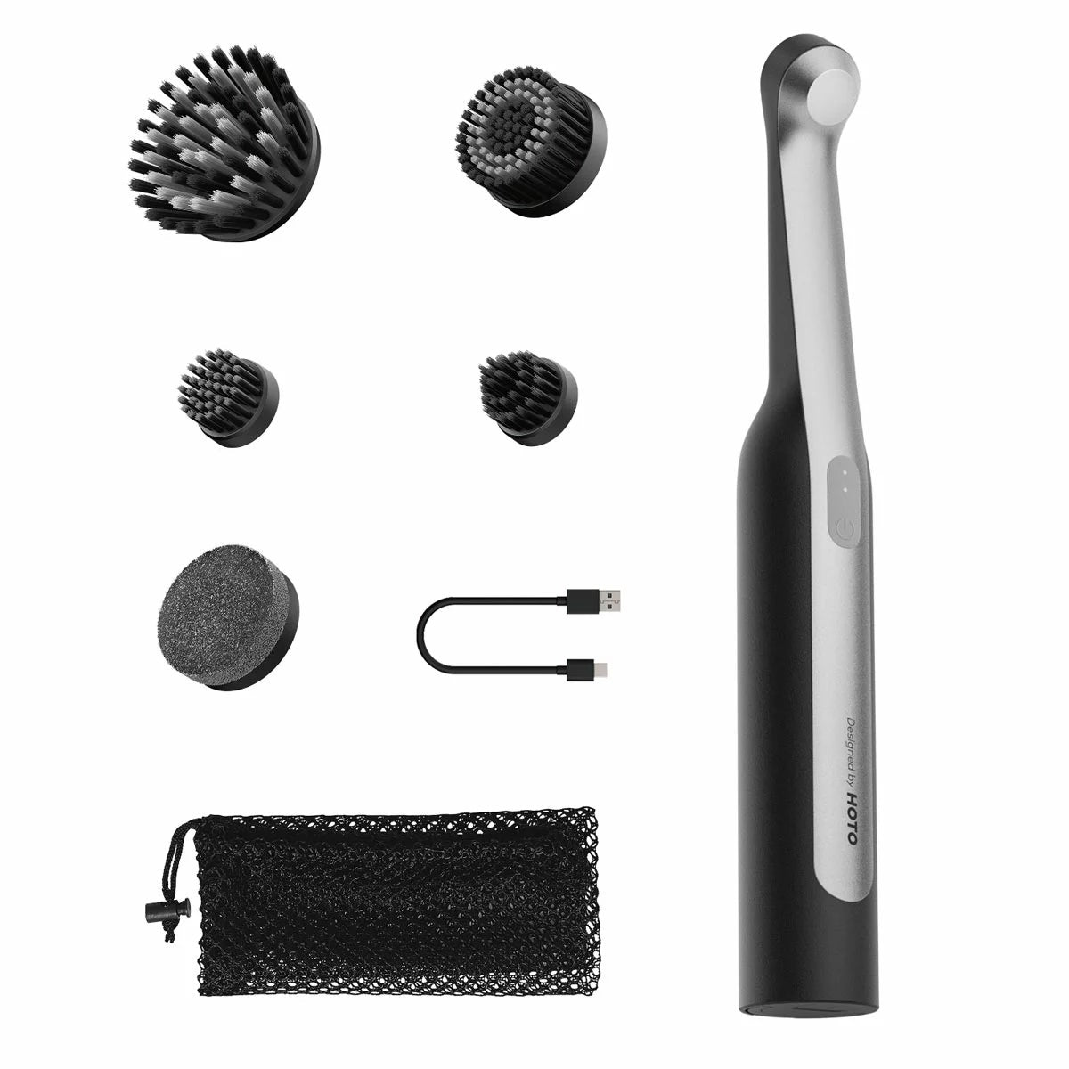 Black HOTO Wand Cordless Spin Scrubber shown handheld with a magnetic pointed brush head attached against a clean tile background.